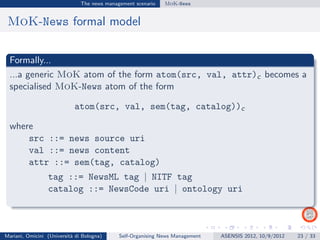 The news management scenario   MoK-News


 MoK-News formal model

  Formally...
  ...a generic MoK atom of the form atom(s...