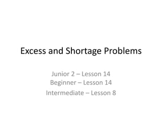 Excess and Shortage Problems
Junior 2 – Lesson 14
Beginner – Lesson 14
Intermediate – Lesson 8
 