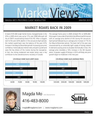MarketViews
MAGDA MO’S PREFERRED CLIENT NEWSLETTER                                                                                JAN/FEB 2010


                                MARKET ROARS BACK IN 2009
A total of 87,308 single family homes changed hands in the        The average home price in 2009 climbed 4% to $395,460.
GTA in 2009 which was up by 17% over 2008 although still          Once again it was a tale of two distinctly different performances
shy of 2007’s record-setting total of 93,193. After a sluggish    with an average price decline of 4% during the January-to-
start to the year (20% decline in the January-to-April period),   April period followed by an average price increase of 7% for
the market roared back over the balance of the year (37%          the May-to-December period. The back half of the year was
increase in the May-to-December period). Increasing consumer      characterized by an extremely tight supply of listings relative
confidence, historically low interest rates and pent-up demand    to demand causing prices to escalate dramatically. In fact, the
were the key drivers of the market during the resurgence.         average price recorded a 16% increase in the 4th Quarter
In fact, the strong residential real estate sector was a key      alone. A greater supply of listings in 2010 will likely see price
contributor to the overall economic recovery in Canada.           growth begin to moderate in the new year.

            GTA RESALE HOME SALES (UNITS SOLD)                                  GTA RESALE HOME SALES (AVERAGE PRICE)


                  2006                                                           2006

                         2007                                                           2007

           2008                                                                          2008

                    2009                                                                        2009

        60,000      70,000      80,000   90,000     100,000                $320,000     $340,000       $360,000   $380,000   $400,000




                             Magda Mo                    Sales Representative



                             416-483-8000
                             magda@magdamo.com | www.magdamo.com

                                                                                                                              PAGE 1
 