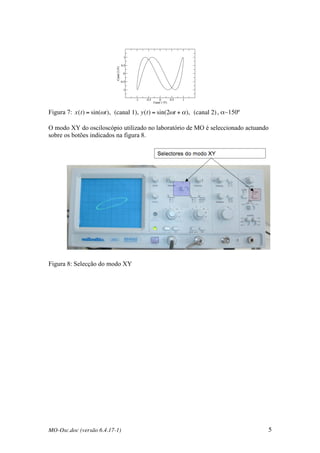 MO-Osc.doc (versão 6.4.17-1) 5
Figura 7:
!
x(t) = sin("t), (canal 1), y(t) = sin(2"t + #), (canal 2), α~150º
O modo XY do osciloscópio utilizado no laboratório de MO é seleccionado actuando
sobre os botões indicados na figura 8.
Figura 8: Selecção do modo XY
 
