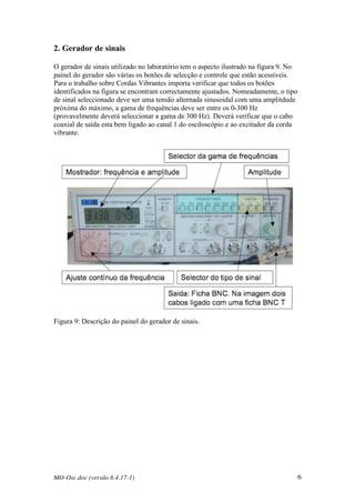 MO-Osc.doc (versão 6.4.17-1) 6
2. Gerador de sinais
O gerador de sinais utilizado no laboratório tem o aspecto ilustrado na figura 9. No
painel do gerador são várias os botões de selecção e controle que estão acessíveis.
Para o trabalho sobre Cordas Vibrantes importa verificar que todos os botões
identificados na figura se encontram correctamente ajustados. Nomeadamente, o tipo
de sinal seleccionado deve ser uma tensão alternada sinusoidal com uma amplitdude
próxima do máximo, a gama de frequências deve ser entre os 0-300 Hz
(provavelmente deverá seleccionar a gama de 300 Hz). Deverá verificar que o cabo
coaxial de saída esta bem ligado ao canal 1 do osciloscópio e ao excitador da corda
vibrante.
Figura 9: Descrição do painel do gerador de sinais.
 