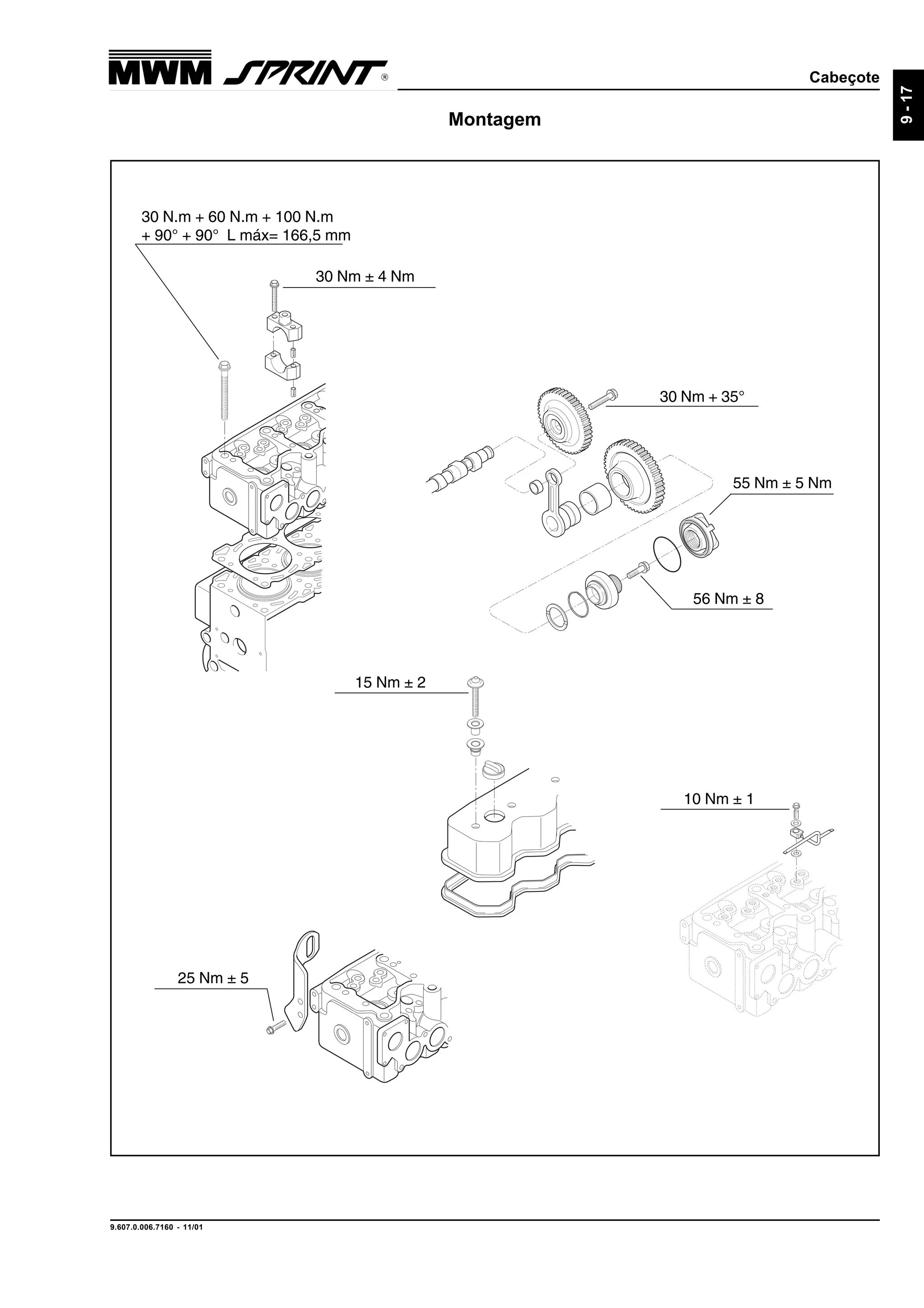 Cabeçote
9.607.0.006.7160 - 11/01
9-17
Montagem
30 Nm + 35°
56 Nm ± 8
55 Nm ± 5 Nm
30 Nm ± 4 Nm
30 N.m + 60 N.m + 100 N.m
+ 90° + 90° L máx= 166,5 mm
10 Nm ± 1
15 Nm ± 2
25 Nm ± 5
 