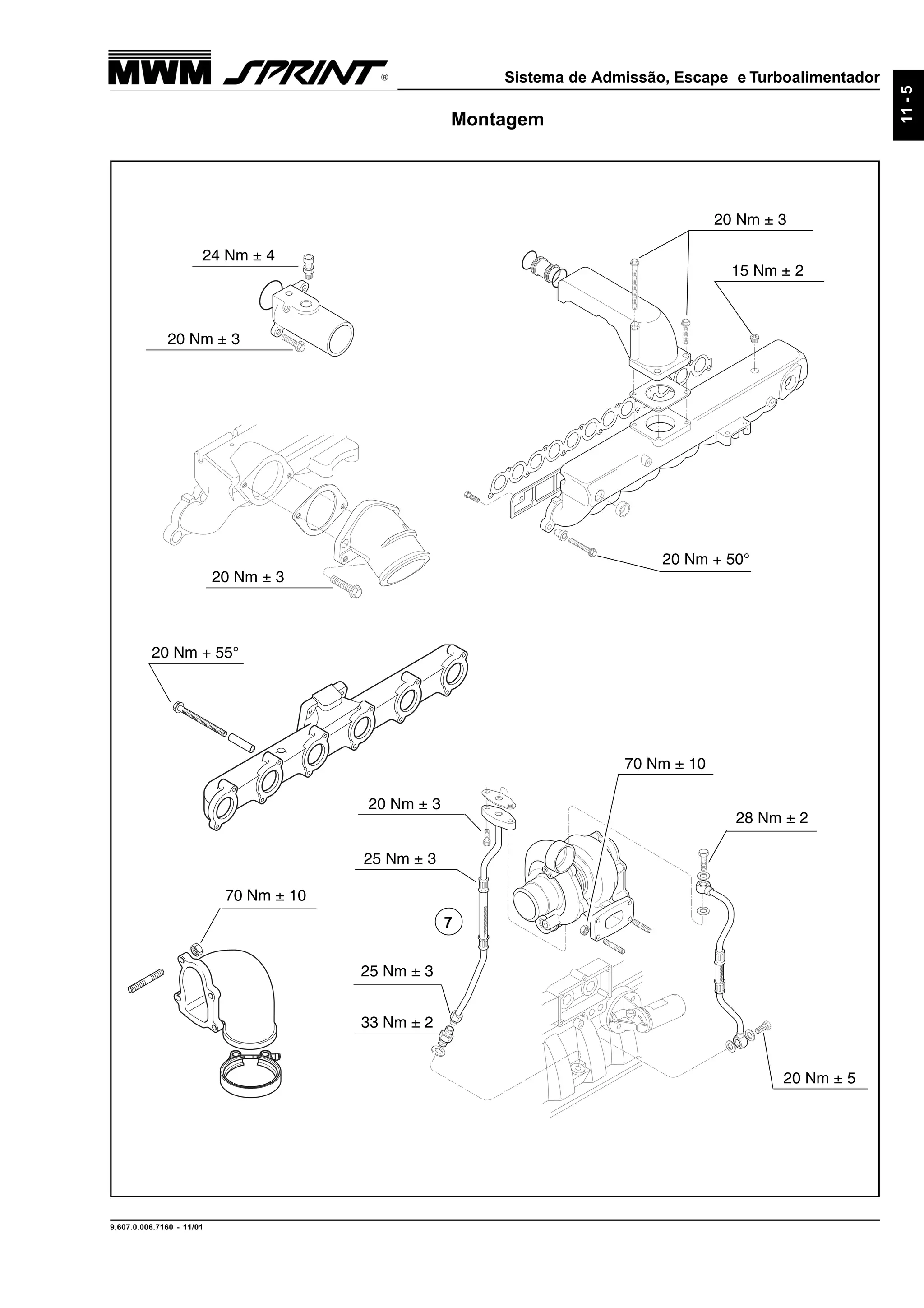 Sistema de Admissão, Escape e Turboalimentador
9.607.0.006.7160 - 11/01
11-5
Montagem
20 Nm ± 3
24 Nm ± 4
7
28 Nm ± 2
70 Nm ± 10
20 Nm ± 3
33 Nm ± 2
20 Nm ± 5
25 Nm ± 3
25 Nm ± 3
70 Nm ± 10
20 Nm ± 3
15 Nm ± 2
20 Nm + 50°
20 Nm + 55°
20 Nm ± 3
 