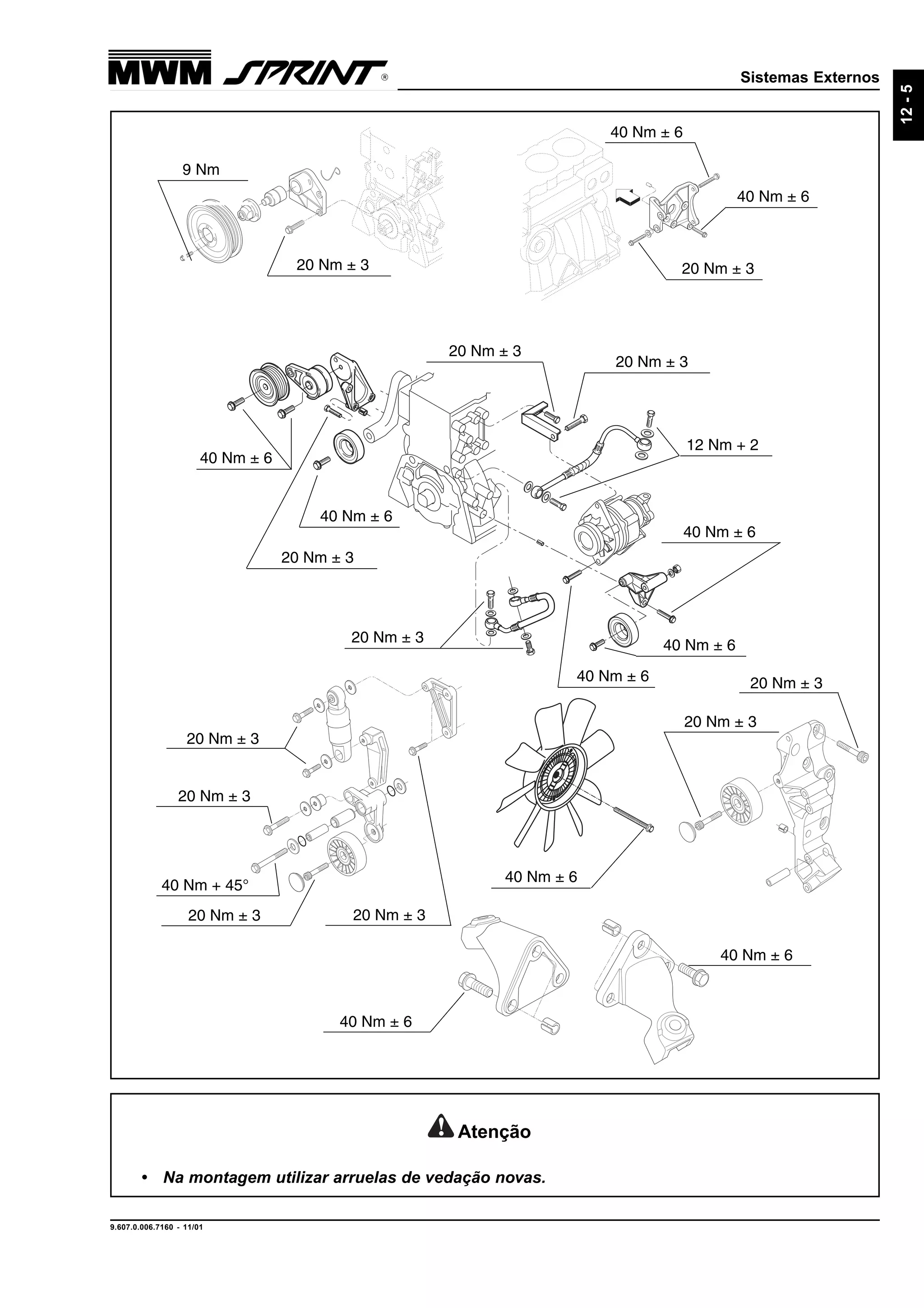 Sistemas Externos
9.607.0.006.7160 - 11/01
12-5
20 Nm ± 3
20 Nm ± 3
40 Nm ± 6
40 Nm ± 6
40 Nm ± 6
20 Nm ± 3
12 Nm + 2
40 Nm ± 6
20 Nm ± 3
40 Nm ± 6
40 Nm ± 6
40 Nm ± 6
20 Nm ± 320 Nm ± 3
9 Nm
20 Nm ± 3
20 Nm ± 3
40 Nm ± 6
40 Nm ± 6
20 Nm ± 3
20 Nm ± 3
20 Nm ± 3
20 Nm ± 3
40 Nm + 45°
Atenção
• Na montagem utilizar arruelas de vedação novas.
40 Nm ± 6
 