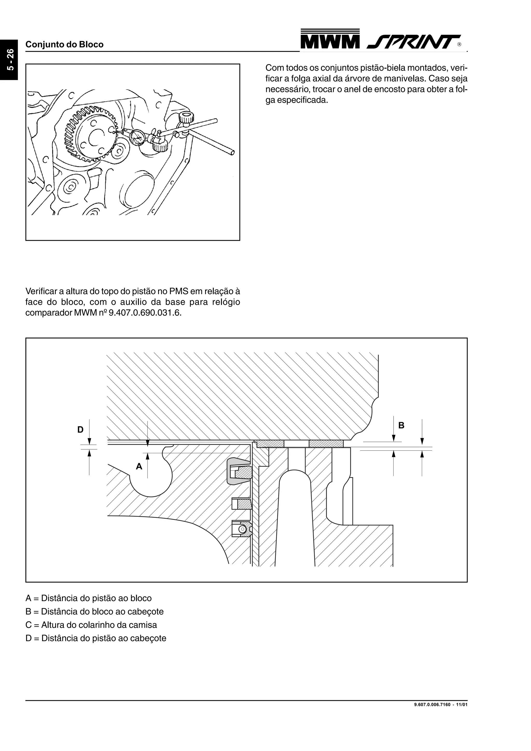 9.607.0.006.7160 - 11/01
5-26
Conjunto do Bloco
Com todos os conjuntos pistão-biela montados, veri-
ficar a folga axial da árvore de manivelas. Caso seja
necessário, trocar o anel de encosto para obter a fol-
ga especificada.
Verificar a altura do topo do pistão no PMS em relação à
face do bloco, com o auxilio da base para relógio
comparador MWM nº 9.407.0.690.031.6.
B
A
D
A = Distância do pistão ao bloco
B = Distância do bloco ao cabeçote
C = Altura do colarinho da camisa
D = Distância do pistão ao cabeçote
 