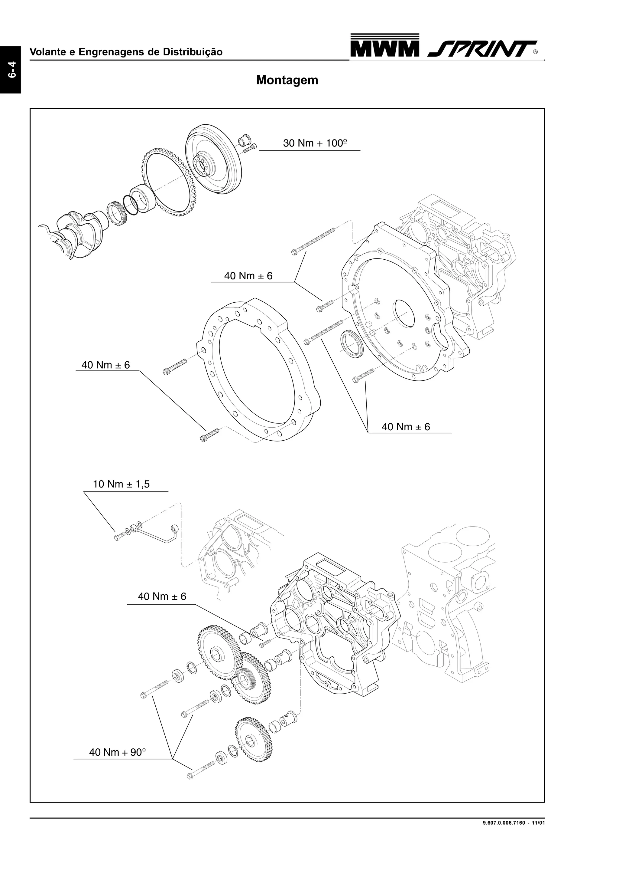 9.607.0.006.7160 - 11/01
6-4
Volante e Engrenagens de Distribuição
Montagem
30 Nm + 100º
40 Nm ± 6
10 Nm ± 1,5
40 Nm ± 6
40 Nm + 90°
40 Nm ± 6
40 Nm ± 6
 