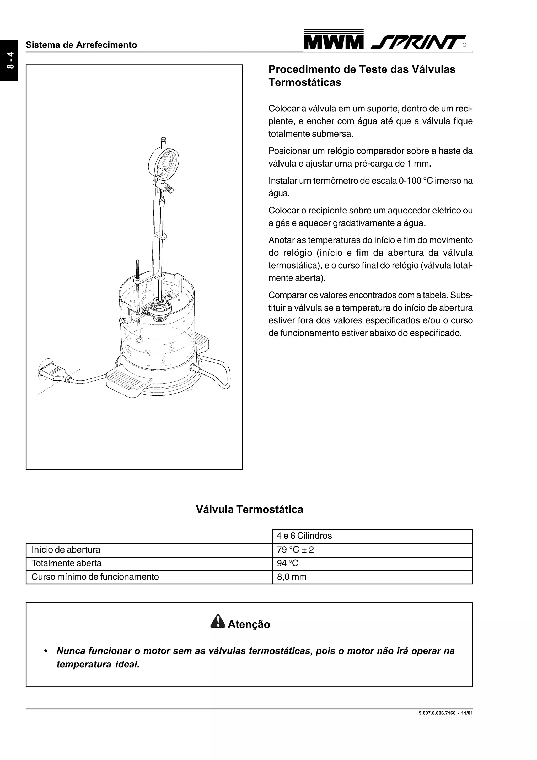 9.607.0.006.7160 - 11/01
8-4
Sistema de Arrefecimento
Procedimento de Teste das Válvulas
Termostáticas
Colocar a válvula em um suporte, dentro de um reci-
piente, e encher com água até que a válvula fique
totalmente submersa.
Posicionar um relógio comparador sobre a haste da
válvula e ajustar uma pré-carga de 1 mm.
Instalar um termômetro de escala 0-100 °C imerso na
água.
Colocar o recipiente sobre um aquecedor elétrico ou
a gás e aquecer gradativamente a água.
Anotar as temperaturas do início e fim do movimento
do relógio (início e fim da abertura da válvula
termostática), e o curso final do relógio (válvula total-
mente aberta).
Comparar os valores encontrados com a tabela. Subs-
tituir a válvula se a temperatura do início de abertura
estiver fora dos valores especificados e/ou o curso
de funcionamento estiver abaixo do especificado.
Válvula Termostática
Início de abertura 79 °C ± 2
Totalmente aberta 94 °C
Curso mínimo de funcionamento 8,0 mm
Atenção
• Nunca funcionar o motor sem as válvulas termostáticas, pois o motor não irá operar na
temperatura ideal.
4 e 6 Cilindros
 