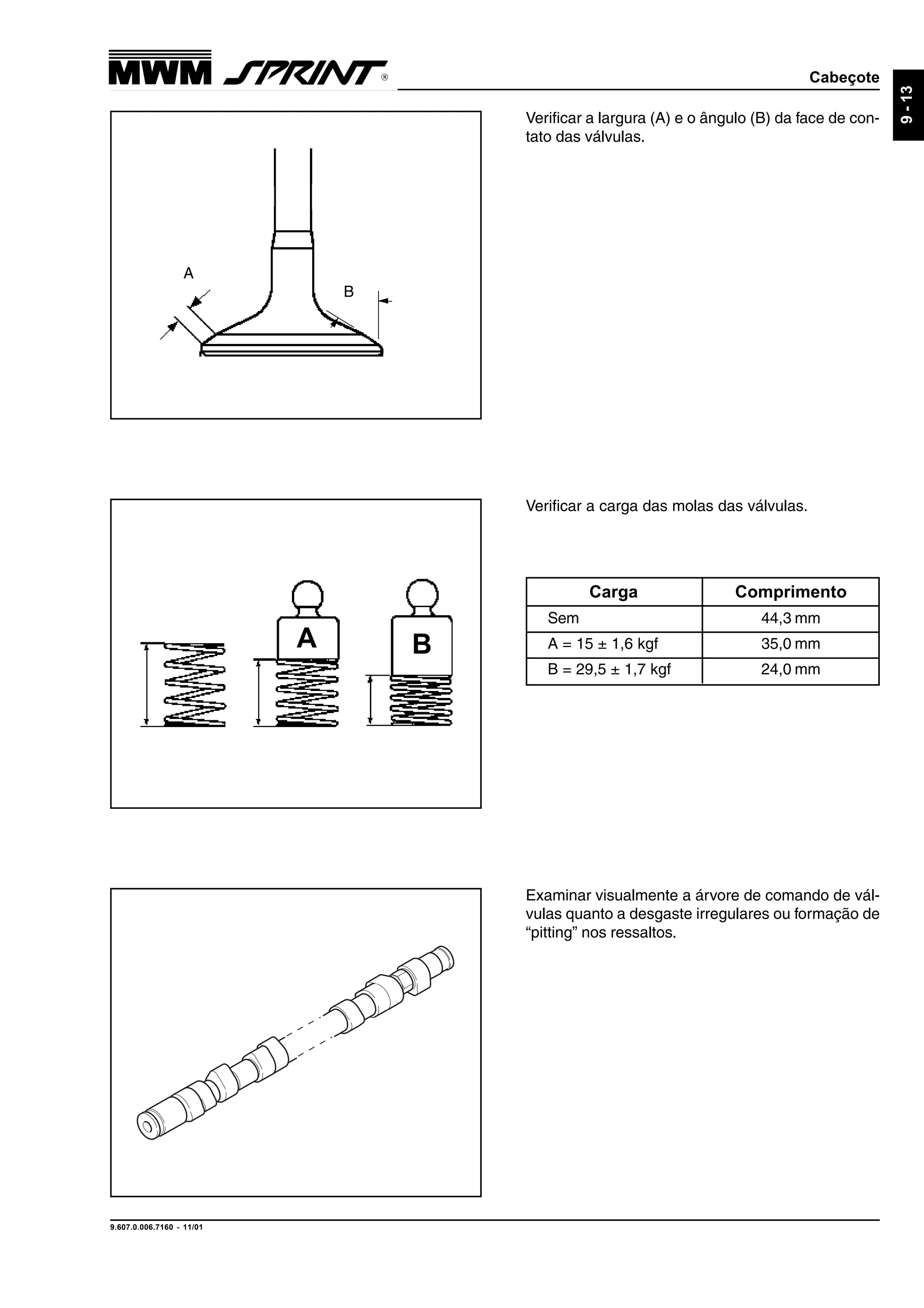 Cabeçote
9.607.0.006.7160 - 11/01
9-13
Verificar a largura (A) e o ângulo (B) da face de con-
tato das válvulas.
Verificar a carga das molas das válvulas.
Examinar visualmente a árvore de comando de vál-
vulas quanto a desgaste irregulares ou formação de
“pitting” nos ressaltos.
A
B
A B
Carga Comprimento
Sem 44,3 mm
A = 15 ± 1,6 kgf 35,0 mm
B = 29,5 ± 1,7 kgf 24,0 mm
 