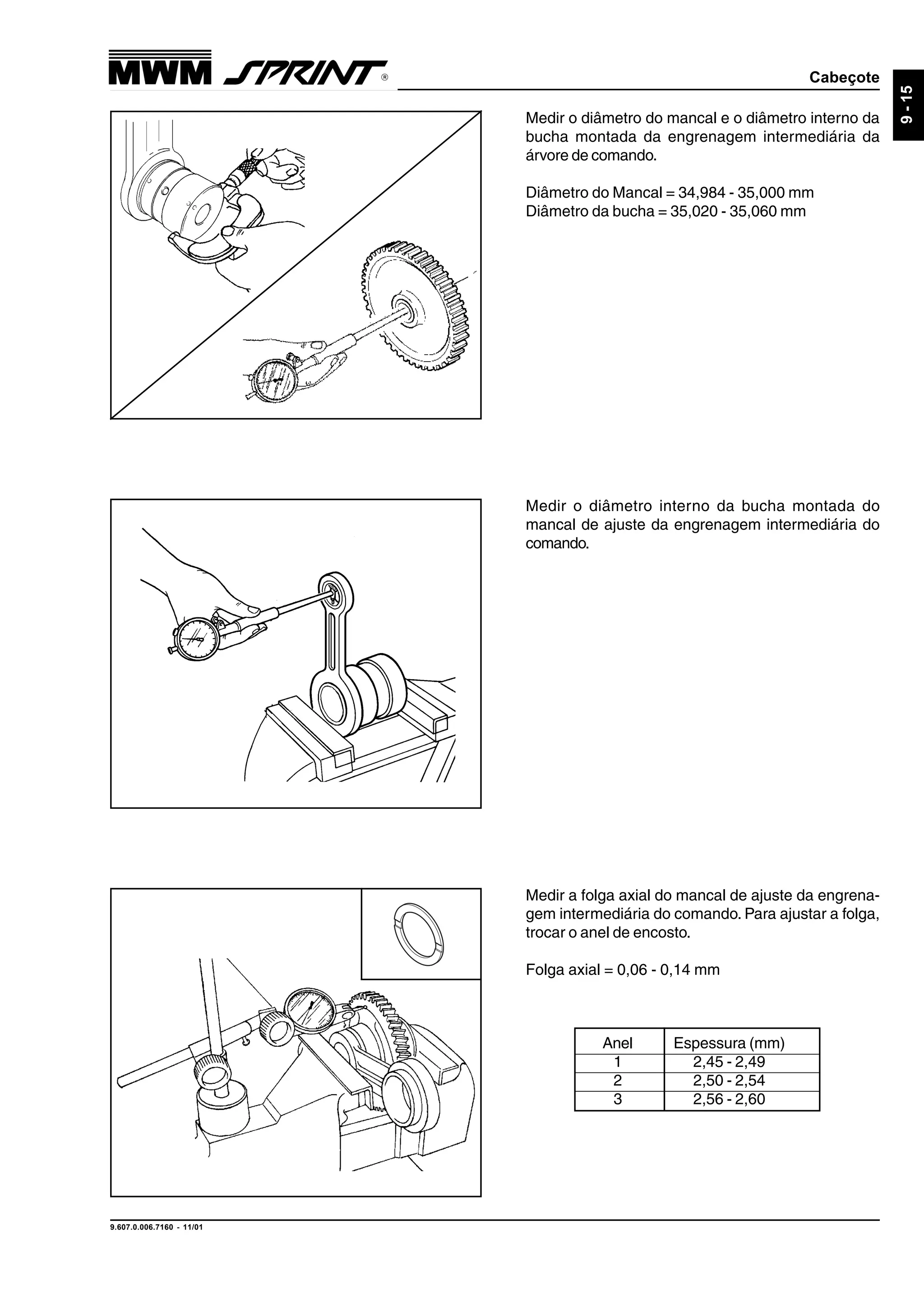 Cabeçote
9.607.0.006.7160 - 11/01
9-15
Medir o diâmetro do mancal e o diâmetro interno da
bucha montada da engrenagem intermediária da
árvore de comando.
Diâmetro do Mancal = 34,984 - 35,000 mm
Diâmetro da bucha = 35,020 - 35,060 mm
Medir o diâmetro interno da bucha montada do
mancal de ajuste da engrenagem intermediária do
comando.
Medir a folga axial do mancal de ajuste da engrena-
gem intermediária do comando. Para ajustar a folga,
trocar o anel de encosto.
Folga axial = 0,06 - 0,14 mm
Anel Espessura (mm)
1 2,45 - 2,49
2 2,50 - 2,54
3 2,56 - 2,60
 