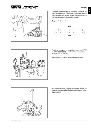 Cabeçote
9.607.0.006.7160 - 11/01
9-25
Montar inicialmente o balancim maior e depois os
dois menores de cada cilindro pressionando a válvu-
la para baixo.
Apoiar o cabeçote no dispositivo especial MWM
no
9.407.0.690.039.6 e medir a folga axial da árvore
de comando de válvulas.
Para ajustar a folga trocar os anéis de encosto.
Lubrificar os munhões do comando e instalar os
mancais superiores, observando a paridade com os
mancais inferiores.Aplicar torque aos parafusos dos
mancais seguindo a seqüência indicada.
Sequência de aperto
14 10 6 1 4 8 12
13 9 5 2 3 7 11
4.07
6.07
 
