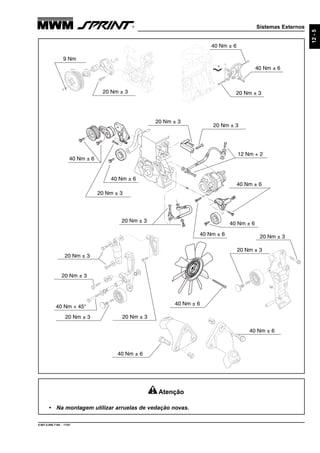Sistemas Externos
9.607.0.006.7160 - 11/01
12-5
20 Nm ± 3
20 Nm ± 3
40 Nm ± 6
40 Nm ± 6
40 Nm ± 6
20 Nm ± 3
12 Nm + 2
40 Nm ± 6
20 Nm ± 3
40 Nm ± 6
40 Nm ± 6
40 Nm ± 6
20 Nm ± 320 Nm ± 3
9 Nm
20 Nm ± 3
20 Nm ± 3
40 Nm ± 6
40 Nm ± 6
20 Nm ± 3
20 Nm ± 3
20 Nm ± 3
20 Nm ± 3
40 Nm + 45°
Atenção
• Na montagem utilizar arruelas de vedação novas.
40 Nm ± 6
 