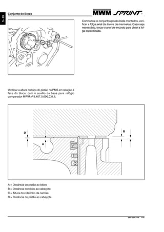 9.607.0.006.7160 - 11/01
5-26
Conjunto do Bloco
Com todos os conjuntos pistão-biela montados, veri-
ficar a folga axial da árvore de manivelas. Caso seja
necessário, trocar o anel de encosto para obter a fol-
ga especificada.
Verificar a altura do topo do pistão no PMS em relação à
face do bloco, com o auxilio da base para relógio
comparador MWM nº 9.407.0.690.031.6.
B
A
D
A = Distância do pistão ao bloco
B = Distância do bloco ao cabeçote
C = Altura do colarinho da camisa
D = Distância do pistão ao cabeçote
 
