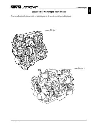 Apresentação
9.607.0.006.7160 - 11/01
1-5
Seqüência de Numeração dos Cilindros
A numeração dos cilindros se inicia no lado do volante, de acordo com a ilustração abaixo.
Cilindro 1
Cilindro 1
 