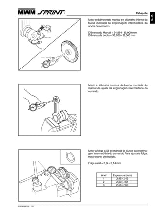 Cabeçote
9.607.0.006.7160 - 11/01
9-15
Medir o diâmetro do mancal e o diâmetro interno da
bucha montada da engrenagem intermediária da
árvore de comando.
Diâmetro do Mancal = 34,984 - 35,000 mm
Diâmetro da bucha = 35,020 - 35,060 mm
Medir o diâmetro interno da bucha montada do
mancal de ajuste da engrenagem intermediária do
comando.
Medir a folga axial do mancal de ajuste da engrena-
gem intermediária do comando. Para ajustar a folga,
trocar o anel de encosto.
Folga axial = 0,06 - 0,14 mm
Anel Espessura (mm)
1 2,45 - 2,49
2 2,50 - 2,54
3 2,56 - 2,60
 