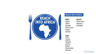 REACH INTO AFRICA
WEST
Nigeria
Ghana
Senegal
Sierre Leone
Angola
Namibia
EAST
Kenya
Uganda
Tanzania
Zambia
Malawi
Mozambique
Mauritius
SOUTH
South Africa
Botswana
Zimbabwe
 