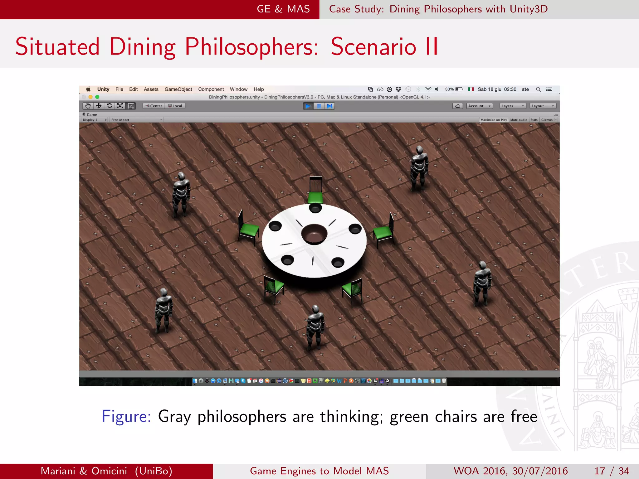 GE  MAS Case Study: Dining Philosophers with Unity3D
Situated Dining Philosophers: Scenario II
Figure: Gray philosophers are thinking; green chairs are free
Mariani  Omicini (UniBo) Game Engines to Model MAS WOA 2016, 30/07/2016 17 / 34
 