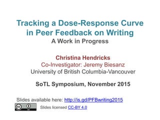 Tracking a Dose-Response Curve
in Peer Feedback on Writing
A Work in Progress
Christina Hendricks
Co-Investigator: Jeremy Biesanz
University of British Columbia-Vancouver
SoTL Symposium, November 2015
Slides available here: http://is.gd/PFBwriting2015
Slides licensed CC-BY 4.0
 