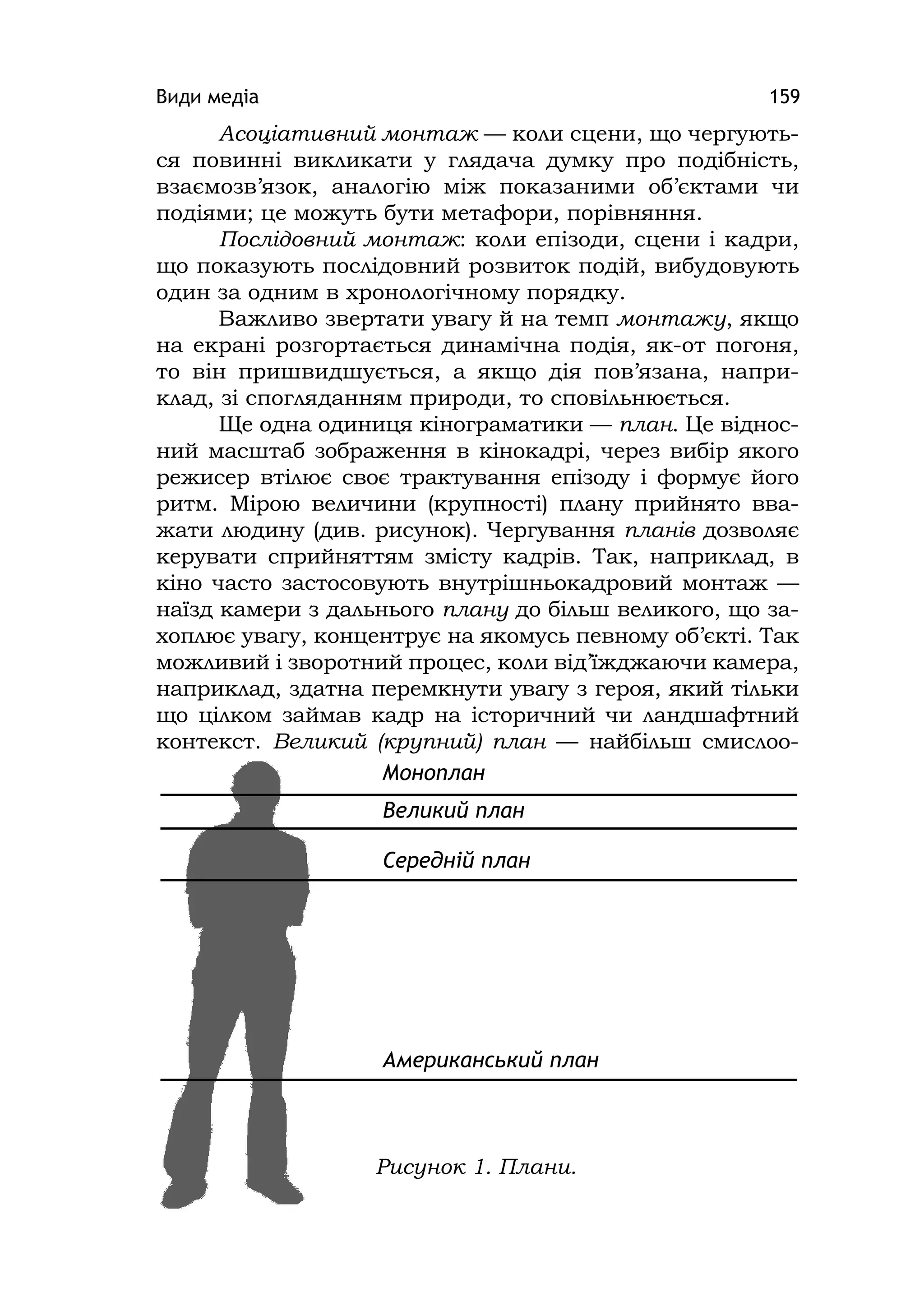 Види медіа 159
Асоціативний монтаж — коли сцени, що чергують-
ся повинні викликати у глядача думку про подібність,
взаємозв’язок, аналогію між показаними об’єктами чи
подіями; це можуть бути метафори, порівняння.
Послідовний монтаж: коли епізоди, сцени і кадри,
що показують послідовний розвиток подій, вибудовують
один за одним в хронологічному порядку.
Важливо звертати увагу й на темп монтажу, якщо
на екрані розгортається динамічна подія, як-от погоня,
то він пришвидшується, а якщо дія пов’язана, напри-
клад, зі спогляданням природи, то сповільнюється.
Ще одна одиниця кінограматики — план. Це віднос-
ний масштаб зображення в кінокадрі, через вибір якого
режисер втілює своє трактування епізоду і формує його
ритм. Мірою величини (крупності) плану прийнято вва-
жати людину (див. рисунок). Чергування планів дозволяє
керувати сприйняттям змісту кадрів. Так, наприклад, в
кіно часто застосовують внутрішньокадровий монтаж —
наїзд камери з дальнього плану до більш великого, що за-
хоплює увагу, концентрує на якомусь певному об’єкті. Так
можливий і зворотний процес, коли від’їжджаючи камера,
наприклад, здатна перемкнути увагу з героя, який тільки
що цілком займав кадр на історичний чи ландшафтний
контекст. Великий (крупний) план — найбільш смислоо-
Моноплан
Великий план
Американський план
Середній план
Рисунок 1. Плани.
 