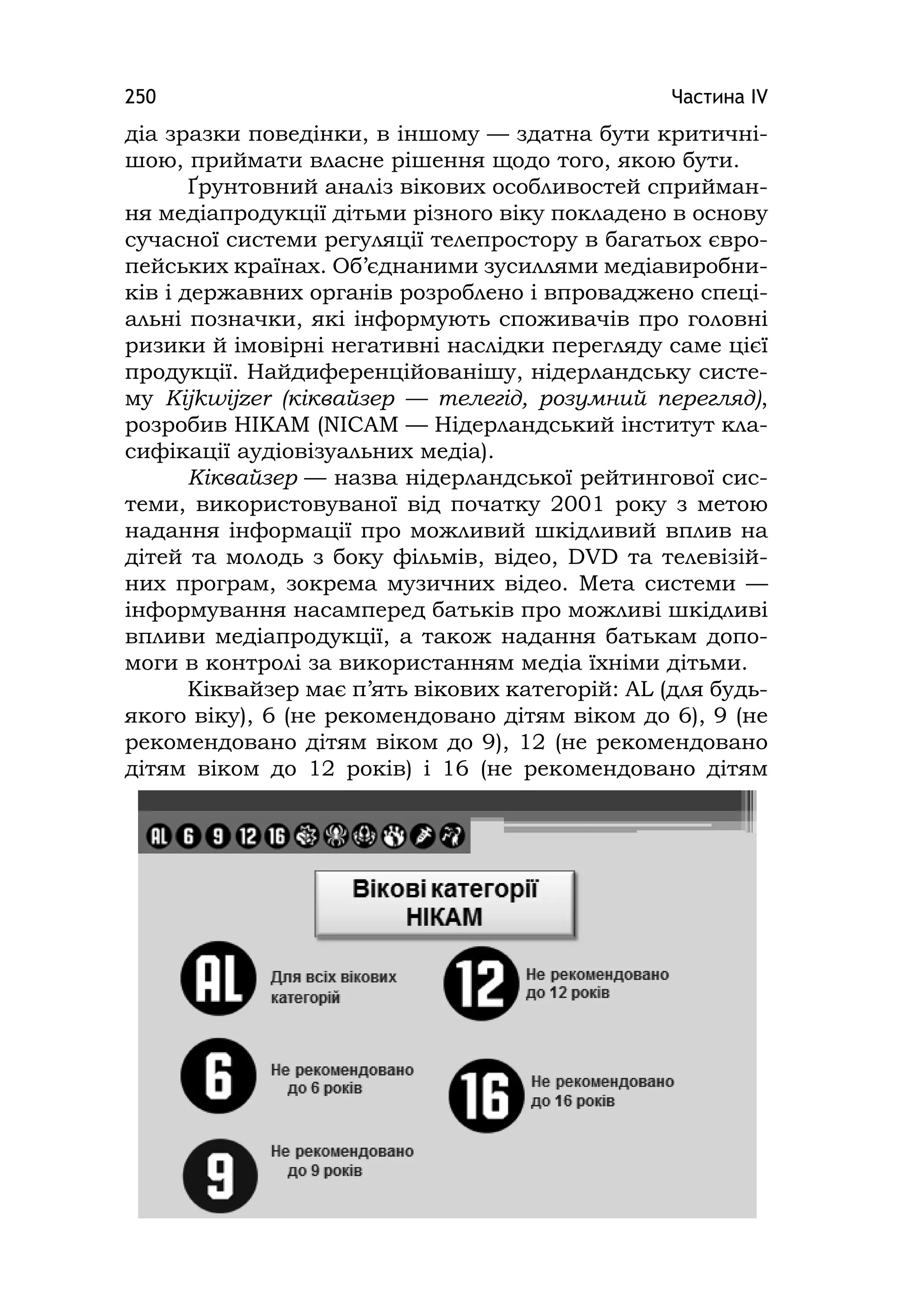 Частина ІV250
діа зразки поведінки, в іншому — здатна бути критичні-
шою, приймати власне рішення щодо того, якою бути.
Ґрунтовний аналіз вікових особливостей сприйман-
ня медіапродукції дітьми різного віку покладено в основу
сучасної системи регуляції телепростору в багатьох євро-
пейських країнах. Об’єднаними зусиллями медіавиробни-
ків і державних органів розроблено і впроваджено спеці-
альні позначки, які інформують споживачів про головні
ризики й імовірні негативні наслідки перегляду саме цієї
продукції. Найдиференційованішу, нідерландську систе-
му Kіjkwіjzer (кіквайзер — телегід, розумний перегляд),
розробив НІКАМ (NІCAM — Нідерландський інститут кла-
сифікації аудіовізуальних медіа).
Кіквайзер — назва нідерландської рейтингової сис-
теми, використовуваної від початку 2001 року з метою
надання інформації про можливий шкідливий вплив на
дітей та молодь з боку фільмів, відео, DVD та телевізій-
них програм, зокрема музичних відео. Мета системи —
інформування насамперед батьків про можливі шкідливі
впливи медіапродукції, а також надання батькам допо-
моги в контролі за використанням медіа їхніми дітьми.
Кіквайзер має п’ять вікових категорій: AL (для будь-
якого віку), 6 (не рекомендовано дітям віком до 6), 9 (не
рекомендовано дітям віком до 9), 12 (не рекомендовано
дітям віком до 12 років) і 16 (не рекомендовано дітям
 