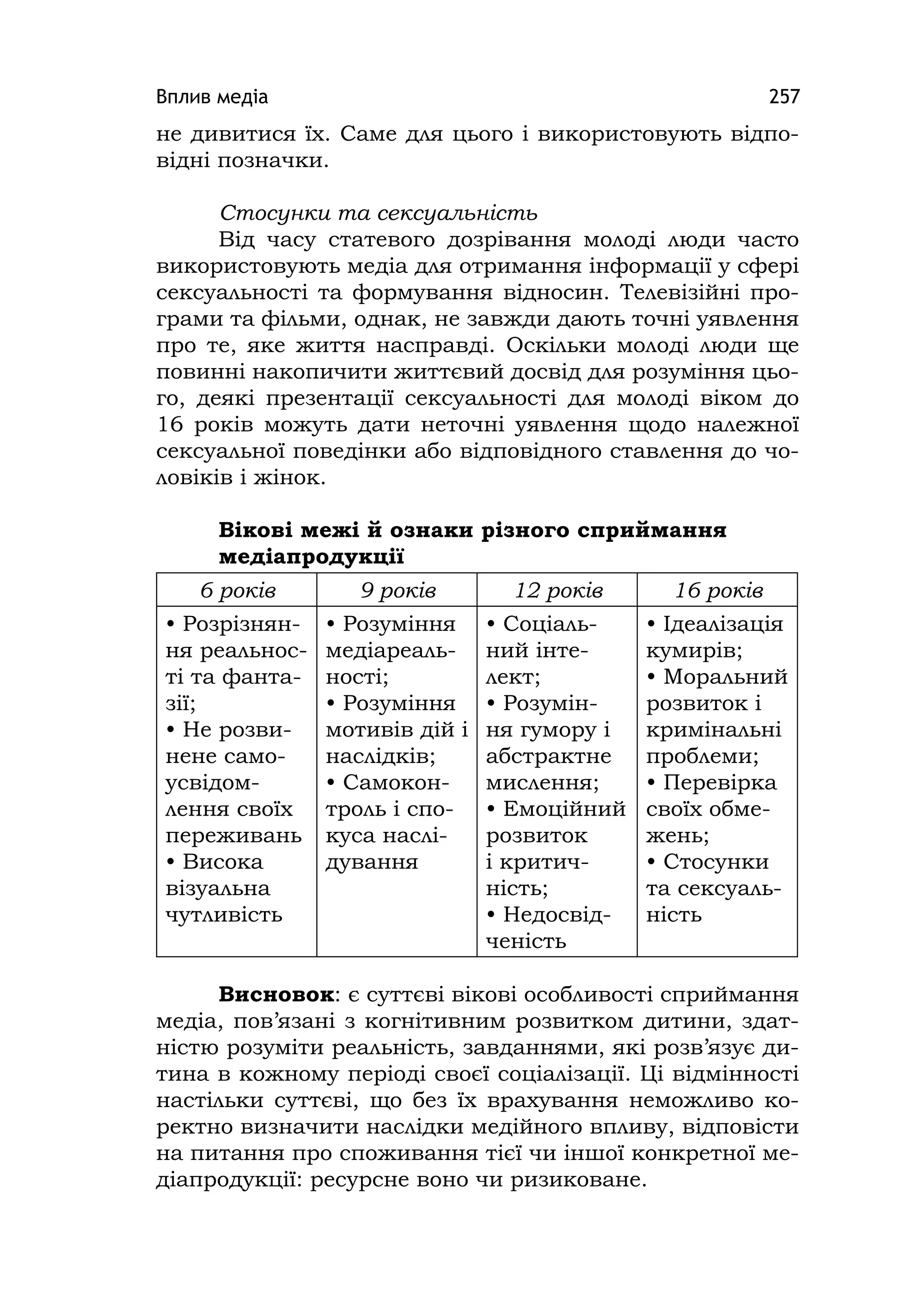 Вплив медіа 257
не дивитися їх. Саме для цього і використовують відпо-
відні позначки.
Стосунки та сексуальність
Від часу статевого дозрівання молоді люди часто
використовують медіа для отримання інформації у сфері
сексуальності та формування відносин. Телевізійні про-
грами та фільми, однак, не завжди дають точні уявлення
про те, яке життя насправді. Оскільки молоді люди ще
повинні накопичити життєвий досвід для розуміння цьо-
го, деякі презентації сексуальності для молоді віком до
16 років можуть дати неточні уявлення щодо належної
сексуальної поведінки або відповідного ставлення до чо-
ловіків і жінок.
Вікові межі й ознаки різного сприймання
медіапродукції
6 років 9 років 12 років 16 років
• Розрізнян-
ня реальнос-
ті та фанта-
зії;
• Не розви-
нене само-
усвідом-
лення своїх
переживань
• Висока
візуальна
чутливість
• Розуміння
медіареаль-
ності;
• Розуміння
мотивів дій і
наслідків;
• Самокон-
троль і спо-
куса наслі-
дування
• Соціаль-
ний інте-
лект;
• Розумін-
ня гумору і
абстрактне
мислення;
• Емоційний
розвиток
і критич-
ність;
• Недосвід-
ченість
• Ідеалізація
кумирів;
• Моральний
розвиток і
кримінальні
проблеми;
• Перевірка
своїх обме-
жень;
• Стосунки
та сексуаль-
ність
Висновок: є суттєві вікові особливості сприймання
медіа, пов’язані з когнітивним розвитком дитини, здат-
ністю розуміти реальність, завданнями, які розв’язує ди-
тина в кожному періоді своєї соціалізації. Ці відмінності
настільки суттєві, що без їх врахування неможливо ко-
ректно визначити наслідки медійного впливу, відповісти
на питання про споживання тієї чи іншої конкретної ме-
діапродукції: ресурсне воно чи ризиковане.
 