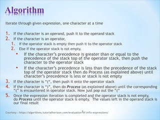 Algorithm
Iterate through given expression, one character at a time
1. If the character is an operand, push it to the operand stack
2. If the character is an operator,
1. If the operator stack is empty then push it to the operator stack
2. Else If the operator stack is not empty,
• If the character’s precedence is greater than or equal to the
precedence of the stack top of the operator stack, then push the
character to the operator stack
• If the character’s precedence is less than the precedence of the stack
top of the operator stack then do Process (as explained above) until
character’s precedence is less or stack is not empty
3. If the character is “(“, then push it onto the operator stack
4. If the character is “)”, then do Process (as explained above) until the corresponding
“(” is encountered in operator stack. Now just pop out the “(“
5. Once the expression iteration is completed and the operator stack is not empty,
do Process until the operator stack is empty. The values left in the operand stack is
our final result
Courtesy : https://algorithms.tutorialhorizon.com/evaluation-of-infix-expressions/
6
 