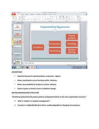 ADVANTAGES:

   •   Expertise focused on special products, customers, regions.

   •   Better coordination across functions within divisions.

   •   Better accountability for product or service delivery.

   •   Easier to grow or shrink in size as conditions change.

MATRIX ORGANIZATION STRUCTURE

“Combining of functional & product patterns of departmentation in the same organization structure.”

      ‘Grid’ or ‘project’ or ‘product management’’.

      A matrix is a highly flexible form that is readily adaptable to changing circumstances.
 