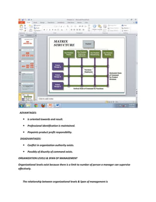 ADVANTAGES:

      Is oriented towards end result.

      Professional identification is maintained.

      Pinpoints product profit responsibility.

 DISADVANTAGES:

      Conflict in organization authority exists.

      Possibly of disunity of command exists.

ORGANIZATION LEVELS & SPAN OF MANAGEMENT

Organizational levels exist because there is a limit to number of person a manager can supervise
effectively.



   The relationship between organizational levels & Span of management is
 