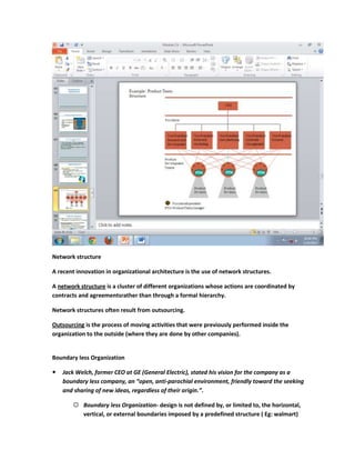Network structure

A recent innovation in organizational architecture is the use of network structures.

A network structure is a cluster of different organizations whose actions are coordinated by
contracts and agreementsrather than through a formal hierarchy.

Network structures often result from outsourcing.

Outsourcing is the process of moving activities that were previously performed inside the
organization to the outside (where they are done by other companies).


Boundary less Organization

   Jack Welch, former CEO at GE (General Electric), stated his vision for the company as a
    boundary less company, an “open, anti-parochial environment, friendly toward the seeking
    and sharing of new ideas, regardless of their origin.”.

         Boundary less Organization- design is not defined by, or limited to, the horizontal,
          vertical, or external boundaries imposed by a predefined structure ( Eg: walmart)
 