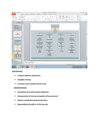 ADVANTAGES:

     Is logical reflection of functions

     Simplifies training

     Furnishes means of tight control at top.

 DISADVANTAGES:

     Deemphasis of overall company objectives

     Overspecialises & narrows viewpoints of key personnel

     Reduces coordination between functions

     Responsibility of profits is at the top only.
 