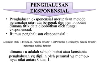• Penghalusan eksponensial merupakan metode
peramalan rata-rata bergerak dgn pembobotan
dimana titik data dibobotkan oleh fungsi
eksponensial.
• Rumus penghalusan eksponensial :
dimana : α adalah sebuah bobot atau konstanta
penghalusan yg dipilih oleh peramal yg mempu-
nyai nilai antara 0 dan 1.
PENGHALUSAN
EKSPONENSIAL
terakhirperiodeperamalan-
terakhir)periodesebenarnyan(PermintaaterakhirPeriodePeramalanBaruPeramalan 
 