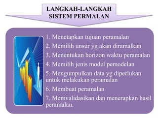 1. Menetapkan tujuan peramalan
2. Memilih unsur yg akan diramalkan
3. Menentukan horizon waktu peramalan
4. Memilih jenis model pemodelan
5. Mengumpulkan data yg diperlukan
untuk melakukan peramalan
6. Membuat peramalan
7. Memvalidasikan dan menerapkan hasil
peramalan.
LANGKAH-LANGKAH
SISTEM PERMALAN
 