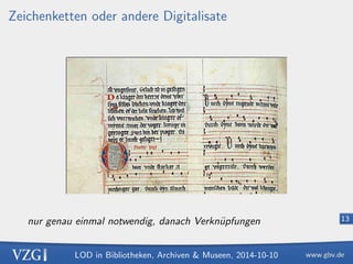 LOD in Bibliotheken, Archiven  Museen, 2014-10-10 
9 
Beispiel: http://d-nb.info/gnd/1185785451 
@prefix foaf: http://xmlns.com/foaf/0.1/ . 
@prefix gnd: http://d-nb.info/standards/elementset/gnd# . 
@prefix owl: http://www.w3.org/2002/07/owl# . 
http://d-nb.info/gnd/118578545 
gnd:preferredNameForThePerson Marx, Karl ; 
gnd:professionOrOccupation 
http://d-nb.info/gnd/4033423-5 ; 
foaf:page 
http://de.wikipedia.org/wiki/Karl_Marx_%28Maler%29 ; 
owl:sameAs http://viaf.org/viaf/96119561 . 
http://d-nb.info/gnd/4033423-5 
gnd:preferredNameForTheSubjectHeading Kunstler . 
1http://www.easyrdf.org/converter 
 