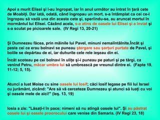 Apoi a murit Elisei şi l-au îngropat, iar în anul următor au intrat în ţară cete
de Moabiţi. Dar iată, odată, când îngropau un mort, s-a întâmplat ca cei ce-l
îngropau să vadă una din aceste cete şi, speriindu-se, au aruncat mortul în
mormântul lui Elisei. Căzând acela, s-a atins de oasele lui Elisei şi a înviat şi
s-a sculat pe picioarele sale. (IV Regi 13, 20-21)
Şi Dumnezeu făcea, prin mâinile lui Pavel, minuni nemaiîntâlnite.Încât şi
peste cei ce erau bolnavi se puneau ştergare sau şorţuri purtate de Pavel, şi
bolile se depărtau de ei, iar duhurile cele rele ieşeau din ei.
Încât scoteau pe cei bolnavi în uliţe şi-i puneau pe paturi şi pe tărgi, ca
venind Petru, măcar umbra lui să umbrească pe vreunul dintre ei. (Fapte 19,
11-12; 5, 15).
Atunci a luat Moise cu sine oasele lui Iosif; căci Iosif legase pe fiii lui Israel
cu jurământ, zicând: "Are să vă cerceteze Dumnezeu şi atunci să luaţi cu voi
şi oasele mele de aici!" (leş. 13, 19)
Iosia a zis: "Lăsaţi-l în pace; nimeni să nu atingă oasele lui". Şi au păstrat
oasele lui şi oasele proorocului care venise din Samaria. (IV Regi 23, 18)
 