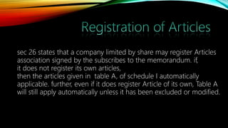 sec 26 states that a company limited by share may register Articles
association signed by the subscribes to the memorandum. if,
it does not register its own articles,
then the articles given in table A, of schedule I automatically
applicable. further, even if it does register Article of its own, Table A
will still apply automatically unless it has been excluded or modified.
 