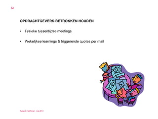 Ruigrok | NetPanel - mei 2013
13
OPDRACHTGEVERS BETROKKEN HOUDEN
• Fysieke tussentijdse meetings
• Wekelijkse learnings & triggerende quotes per mail
 