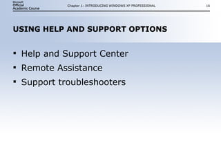 USING HELP AND SUPPORT OPTIONS Help and Support Center Remote Assistance Support troubleshooters Chapter 1: INTRODUCING WINDOWS XP PROFESSIONAL 