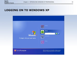 LOGGING ON TO WINDOWS XP Chapter 1: INTRODUCING WINDOWS XP PROFESSIONAL 