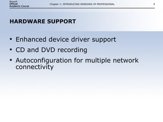 HARDWARE SUPPORT Enhanced device driver support CD and DVD recording Autoconfiguration for multiple network connectivity Chapter 1: INTRODUCING WINDOWS XP PROFESSIONAL 