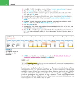 Lesson 694
5. In the Edit the Rule Description section, click the % of the selected range check box.
6. Click the Format button. The Format Cells dialog box opens.
7. Click the Fill tab, and then select the light red (pink) color box, the sixth color in the
third row. Click OK twice.
8. In the Conditional Formatting Rules Manager dialog box, click the New Rule button.
9. In the New Formatting Rule dialog box, select Format only top or bottom ranked
values.
10. In the Edit the Rule Description section, in the first drop-down list on the left, select
Bottom, and then click the % of the selected range check box.
11. Click the Format button.
12. In the Format Cells dialog box, click the light yellow background color on the third row
of the Fill tab, and then click OK twice.
13. Click OK. The Rules Manager applies the rules to the selected cells, as shown in Figure
6-27. This view enables you to see the top 10 percent and bottom 10 percent values in
the range.
Figure 6-27
The worksheet with the top
10% and bottom 10%
rules applied
14. SAVE the workbook to your Excel Lesson 6 folder as 06 Patient Visits Conditional
Formatting Revised Solution and then CLOSE the file.
CLOSE Excel.
The Excel Rules Manager enables you to create, modify, apply, remove, and manage condition-
al formatting, including multiple criteria.
In addition, you can display the Rules Manager to see what rules are in effect for the worksheet
and apply those rules at an appropriate time. From the Conditional Formatting Rules Manager
dialog box, you can add new rules, edit existing rules, or delete one or all of the rules. The rules
are applied in the order in which they are listed in the Rules Manager. You can apply all the rules,
or you can apply specific rules to analyze the data. Formatting is visible when the Conditional
Formatting Rules Manager dialog box is open. Thus, you can experiment with the formats you
want to apply and the order in which they are applied.
 
