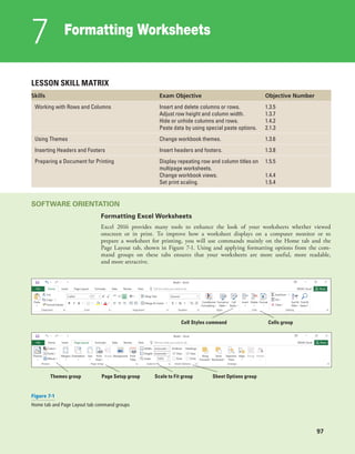 Formatting Worksheets
7
97
LESSON SKILL MATRIX
Skills Exam Objective Objective Number
Working with Rows and Columns Insert and delete columns or rows.
Adjust row height and column width.
Hide or unhide columns and rows.
Paste data by using special paste options.
1.3.5
1.3.7
1.4.2
2.1.3
Using Themes Change workbook themes. 1.3.6
Inserting Headers and Footers Insert headers and footers. 1.3.8
Preparing a Document for Printing Display repeating row and column titles on
multipage worksheets.
Change workbook views.
Set print scaling.
1.5.5
1.4.4
1.5.4
SOFTWARE ORIENTATION
Formatting Excel Worksheets
Excel 2016 provides many tools to enhance the look of your worksheets whether viewed
onscreen or in print. To improve how a worksheet displays on a computer monitor or to
prepare a worksheet for printing, you will use commands mainly on the Home tab and the
Page Layout tab, shown in Figure 7-1. Using and applying formatting options from the com-
mand groups on these tabs ensures that your worksheets are more useful, more readable,
and more attractive.
Cell Styles command Cells group
Themes group Page Setup group Scale to Fit group Sheet Options group
Figure 7-1
Home tab and Page Layout tab command groups
 