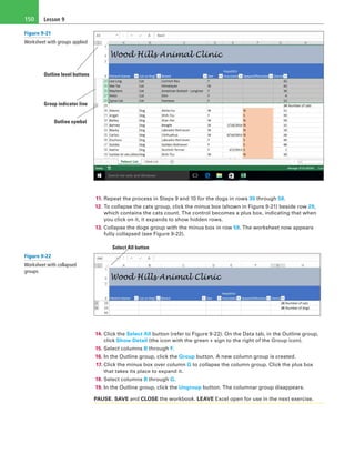 Lesson 9150
Outline level buttons
Group indicator line
Outline symbol
11. Repeat the process in Steps 9 and 10 for the dogs in rows 30 through 58.
12. To collapse the cats group, click the minus box (shown in Figure 9-21) beside row 29,
which contains the cats count. The control becomes a plus box, indicating that when
you click on it, it expands to show hidden rows.
13. Collapse the dogs group with the minus box in row 59. The worksheet now appears
fully collapsed (see Figure 9-22).
Select All button 
14. Click the Select All button (refer to Figure 9-22). On the Data tab, in the Outline group,
click Show Detail (the icon with the green + sign to the right of the Group icon).
15. Select columns B through F.
16. In the Outline group, click the Group button. A new column group is created.
17. Click the minus box over column G to collapse the column group. Click the plus box
that takes its place to expand it.
18. Select columns B through G.
19. In the Outline group, click the Ungroup button. The columnar group disappears.
PAUSE. SAVE and CLOSE the workbook. LEAVE Excel open for use in the next exercise.
Figure 9-21
Worksheet with groups applied
Figure 9-22
Worksheet with collapsed
groups
 