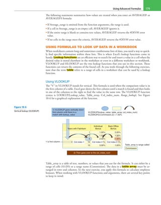 Using Advanced Formulas 179
The following statements summarize how values are treated when you enter an AVERAGEIF or
AVERAGEIFS formula:
• If Average_range is omitted from the function arguments, the range is used.
• If a cell in Average_range is an empty cell, AVERAGEIF ignores it.
• If the entire range is blank or contains text values, AVERAGEIF returns the #DIV/0! error
value.
• If no cells in the range meet the criteria, AVERAGEIF returns the #DIV/0! error value.
USING FORMULAS TO LOOK UP DATA IN A WORKBOOK
When worksheets contain long and sometimes cumbersome lists of data, you need a way to quick-
ly find specific information within these lists. This is where Excel’s lookup functions come in
handy. Lookup functions are an efficient way to search for and insert a value in a cell when the
desired value is stored elsewhere in the worksheet or even in a different worksheet or workbook.
VLOOKUP and HLOOKUP are the two lookup functions that you use in this section. These
functions can return the contents of the found cell. As you work through the following exercises,
note that the term table refers to a range of cells in a worksheet that can be used by a lookup
function.
Using VLOOKUP
The “V” in VLOOKUP stands for vertical. This formula is used when the comparison value is in
the first column of a table. Excel goes down the first column until a match is found and then looks
in one of the columns to the right to find the value in the same row. The VLOOKUP function
syntax is LOOKUP(Lookup_value, Table_array, Col_index_num, Range_lookup). See Figure
10-6 for a graphical explanation of the function.
1
2
5
10
15
1.00%
1.50%
2.00%
2.50%
3.00%
2.00%
1.50%
1.00%
1.00%
Individual
Bonus
Back Office
Bonus
Table_array is range called
Commission
VLOOKUP(lookup_value, table_array, col_index_num)
VLOOKUP(5,Commission,3) = 1.50%
2) Then goes over to the col_index_num
1) VLOOKUP goes vertically down
first column until there is a
match with lookup_value
Col index 11 is first column Col index 2 Col index 3
1.50%
Years with Fabrikam
Table_array is a table of text, numbers, or values that you use for the formula. It can either be a
range of cells (A1:D5) or a range name (Commission). The data in a table array must be ar-
ranged in rows and columns. In the next exercise, you apply this formula to calculate employee
bonuses. When working with VLOOKUP functions and arguments, there are several key points
to keep in mind:
Figure 10-6
Vertical lookup (VLOOKUP)
 