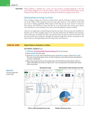 Lesson 12218
Take Note When building a worksheet for a chart, the time period is normally displayed in the first
row and the categories are in the first column. There is a Switch Row/Column button on the
Design tab that allows you to change the orientation of the data as it appears in the chart.
Selecting Data to Include in a Chart
You can begin creating one of Excel’s common chart types by clicking its image on the Insert
tab of the ribbon. More important than the chart type, however, is the selection of the data
you want to display graphically. What aspects of the data do you want viewers to notice? In
this exercise, you will learn to select data for use in an Excel chart that returns your calcula-
tions and data in a color-coded pie chart with sections identified by numbers or labels.
There are two approaches to identifying the data for your chart. If you lay out your worksheet ef-
ficiently, you can select multiple ranges at one time that will become the different chart elements.
The second way is to identify the chart type and then select the data for each chart element. The
first part of this lesson walks you through choosing the ranges first and the second part of the
lesson walks you through adding and removing certain chart elements.
STEP BY STEP	 Select Data to Include in a Chart
GET READY. LAUNCH Excel.
1. OPEN the 12 Fourth Coffee Financial History file for this lesson.
2. Select B2:B8 (the 2014 data).
3. Click the Insert tab, and in the Charts group, click the Pie button. Click the first 2-D
Pie chart in the drop-down menu. A color-coded pie chart with sections identified by
number is displayed.
4. Move the mouse pointer to the largest slice. The ScreenTip shows Series 1 Point 1
Value: 2014 (39%), as shown in Figure 12-2. This corresponds to the label 2014 rather
than actual data.
Selected data range 2014 should be a label instead of a pie slice
1575 is a total and should not be a slice Numbers identify pie slices
Figure 12-2
Pie chart created with
incorrect data
 