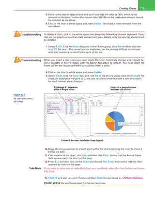 Creating Charts 219
5. Point to the second largest slice and you’ll see that the value is 1575, which is the
amount for the total. Neither the column label (2014) nor the total sales amount should
be included as pie slices.
6. Click in the chart’s white space and press Delete. The chart is now removed from the
worksheet.
Troubleshooting To delete a chart, click in the white space then press the Delete key on your keyboard. If you
click on the graphic or another chart element and press Delete, only the selected element will
be deleted.
7. Select B3:B7. Click the Insert tab and, in the Charts group, click Pie and then click the
first 2-D Pie chart. The correct data is displayed, but the chart is difficult to interpret
with only numbers to identify the parts of the pie.
Troubleshooting When you insert a chart into your worksheet, the Chart Tools tabs (Design and Format) be-
come available in Excel’s ribbon with the Design tab active by default. You must select the
Insert tab on the ribbon each time you want to insert a chart.
8. Click in the chart’s white space and press Delete.
9. Select A2:B7, click the Insert tab, and click Pie in the Charts group. Click the first 2-D Pie
chart. As illustrated in Figure 12-3, the data is clearly identified with a title and a label
for each colored slice of the pie.
B3 through B7 determine
sizes of the pie slices
Column A becomes labels for slices (legend)
First cell in second column
becomes title of chart
10. Move the mouse pointer to a blank spot within the chart and drag the chart to move it
below the data.
11. Click outside of the chart, click File, and then click Print. Notice that the Annual Sales
data appears with the chart on the page.
12. Press Esc and then click on the Chart and choose File, Print. Now notice that the chart
appears by itself on the page.
Take Note If you want to print just an embedded chart on a workbook, select the chart before you choose
File, Print.
13. CREATE an Excel Lesson 12 folder and then SAVE the workbook as 12 Charts Solution.
PAUSE. LEAVE the workbook open for the next exercise.
Figure 12-3
Pie chart with correct
data range
 