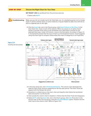 Creating Charts 221
STEP BY STEP	 Choose the Right Chart for Your Data
GET READY. USE the workbook from the previous exercise.
1. Select cells A2:F7.
Troubleshooting Make sure you do not include row 8, the Total Sales row. It is standard practice not to include
totals in column and bar charts. In some instances it may be helpful to add a line with the to-
tals as a separate axis on the right.
2. Click the Insert tab, and in the Charts group, click Insert Column or Bar Chart. In the
drop-down list, move to each of the options. When you pause on an option, Excel
shows a preview of the chart on the worksheet and a description and tips for the
selected chart type. Under 3-D Column, move to the first option. As shown in Figure 12-
4, the ScreenTip shows that the type of chart is a 3-D Clustered Column. Excel suggests
using this chart type to compare values when the order of categories is not important.
Insert Column or
Bar Chart button Current chart type name
Suggestion on when to use Chart preview
Column chart types
3. In the drop-down list, click 3-D Clustered Column. The column chart illustrates the
sales for each of the revenue categories for the five-year period. The Chart Tools tab
appears with the Design tab active.
4. Anywhere in a blank area on the chart, click and drag the chart below the worksheet
data and position it at the far left.
5. Click outside the column chart to deselect it. Notice that the Chart Tools tab disappears.
6. Select A2:F7, click the Insert tab, and in the Charts group, click Line (first chart in the
second row). In the 2-D Line group, click the Line with Markers option. Position the line
chart next to the column chart. Refer to Figure 12-5.
Figure 12-4
ScreenTip and chart preview
 