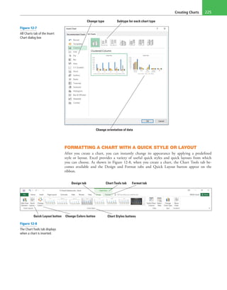 Creating Charts 225
Change type Subtype for each chart type
Change orientation of data
FORMATTING A CHART WITH A QUICK STYLE OR LAYOUT
After you create a chart, you can instantly change its appearance by applying a predefined
style or layout. Excel provides a variety of useful quick styles and quick layouts from which
you can choose. As shown in Figure 12-8, when you create a chart, the Chart Tools tab be-
comes available and the Design and Format tabs and Quick Layout button appear on the
ribbon.
Design tab
Quick Layout button Change Colors button Chart Styles buttons
Chart Tools tab Format tab
Figure 12-8
The Chart Tools tab displays
when a chart is inserted.
Figure 12-7
All Charts tab of the Insert
Chart dialog box
 
