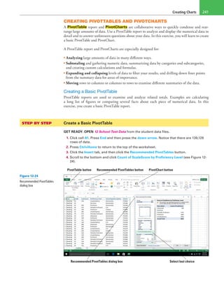 Creating Charts 241
CREATING PIVOTTABLES AND PIVOTCHARTS
A PivotTable report and PivotCharts are collaborative ways to quickly condense and rear-
range large amounts of data. Use a PivotTable report to analyze and display the numerical data in
detail and to answer unforeseen questions about your data. In this exercise, you will learn to create
a basic PivotTable and PivotChart.
A PivotTable report and PivotCharts are especially designed for:
• Analyzing large amounts of data in many different ways.
• Subtotaling and gathering numeric data, summarizing data by categories and subcategories,
and creating custom calculations and formulas.
• Expanding and collapsing levels of data to filter your results, and drilling down finer points
from the summary data for areas of importance.
• Moving rows to columns or columns to rows to examine different summaries of the data.
Creating a Basic PivotTable
PivotTable reports are used to examine and analyze related totals. Examples are calculating
a long list of figures or comparing several facts about each piece of numerical data. In this
exercise, you create a basic PivotTable report.
STEP BY STEP	 Create a Basic PivotTable
GET READY. OPEN 12 School Test Data from the student data files.
1. Click cell A1. Press End and then press the down arrow. Notice that there are 139,129
rows of data.
2. Press Ctrl+Home to return to the top of the worksheet.
3. Click the Insert tab, and then click the Recommended PivotTables button.
4. Scroll to the bottom and click Count of ScaleScore by Proficiency Level (see Figure 12-
24).
PivotTable button Recommended PivotTables button PivotChart button
Recommended PivotTables dialog box Select last choice
Figure 12-24
Recommended PivotTables
dialog box
 