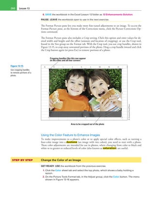 Lesson 13260
6. SAVE the workbook in the Excel Lesson 13 folder as 13 Enhancements Solution.
PAUSE. LEAVE the workbook open to use in the next exercise.
The Format Picture pane lets you make more fine-tuned adjustments to an image. To access the
Format Picture pane, at the bottom of the Corrections menu, click the Picture Corrections Op-
tions command.
The Format Picture pane also includes a Crop setting. Click this option and enter values for de-
sired width and height and the offset (amount and location of cropping), or use the Crop tool,
found in the Size group on the Format tab. With the Crop tool, you use crop handles, shown in
Figure 13-15, to crop away unwanted portions of the photo. Drag a crop handle inward and click
the Crop button again (or press Esc) to remove portions of a photo.
Cropping handles like this one appear
on the sides and all four corners
Area to be cropped out of the photo
Using the Color Feature to Enhance Images
To make improvements to a photo’s color or to apply special color effects, such as turning a
four-color image into a duotone (an image with two colors), you need to start with a photo.
These color adjustments are intended for use in photos, where changing from color to black and
white or to greater or reduced levels of color (also known as saturation) are useful.
STEP BY STEP	 Change the Color of an Image
GET READY. USE the workbook from the previous exercise.
1. Click the Color sheet tab and select the top photo, which shows a baby holding a
spoon.
2. On the Picture Tools Format tab, in the Adjust group, click the Color button. The menu
shown in Figure 13-16 appears.
Figure 13-15
Use cropping handles
to remove portions of a
photo.
©Zurijeta/iStockPhoto
 