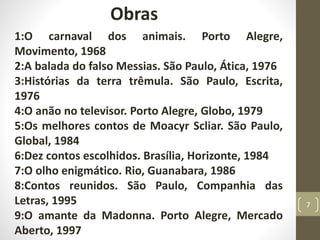 Obras
1:O carnaval dos animais. Porto Alegre,
Movimento, 1968
2:A balada do falso Messias. São Paulo, Ática, 1976
3:Histórias da terra trêmula. São Paulo, Escrita,
1976
4:O anão no televisor. Porto Alegre, Globo, 1979
5:Os melhores contos de Moacyr Scliar. São Paulo,
Global, 1984
6:Dez contos escolhidos. Brasília, Horizonte, 1984
7:O olho enigmático. Rio, Guanabara, 1986
8:Contos reunidos. São Paulo, Companhia das
Letras, 1995
9:O amante da Madonna. Porto Alegre, Mercado
Aberto, 1997
7
 