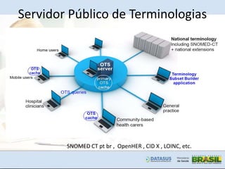 Servidor Público de Terminologias
SNOMED CT pt br , OpenHER , CID X , LOINC, etc.
 